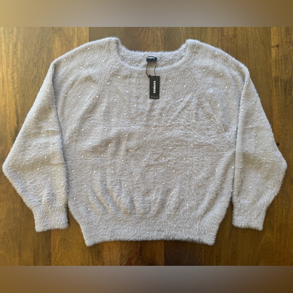 Express grey fuzzy bejeweled long sleeve crewneck‎ sweater women’s L